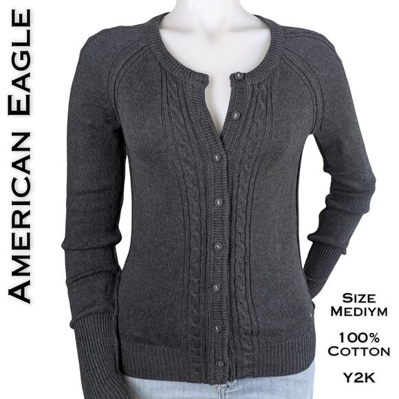 American Eagle Cardigan VTG Y2K 90s Medium Dark Gray Cable Knit Button Front - Picture 1 of 12